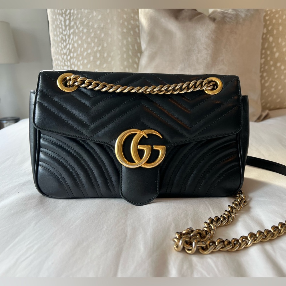 Gucci Black GG Marmont Small Shoulder Bag with Gold Hardware